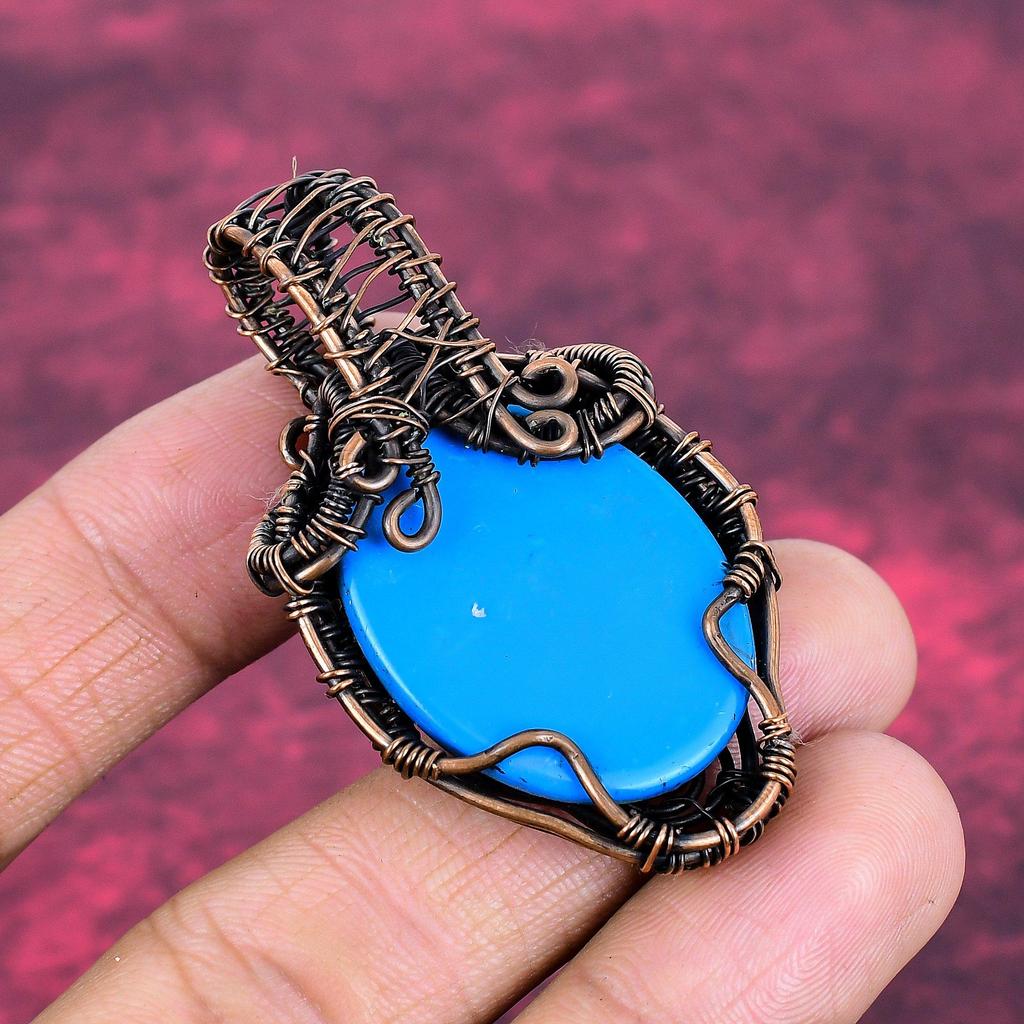 Sleeping Beauty Turquoise Gemstone Pendant Copper Wire Wrapped Handmade Jewelry