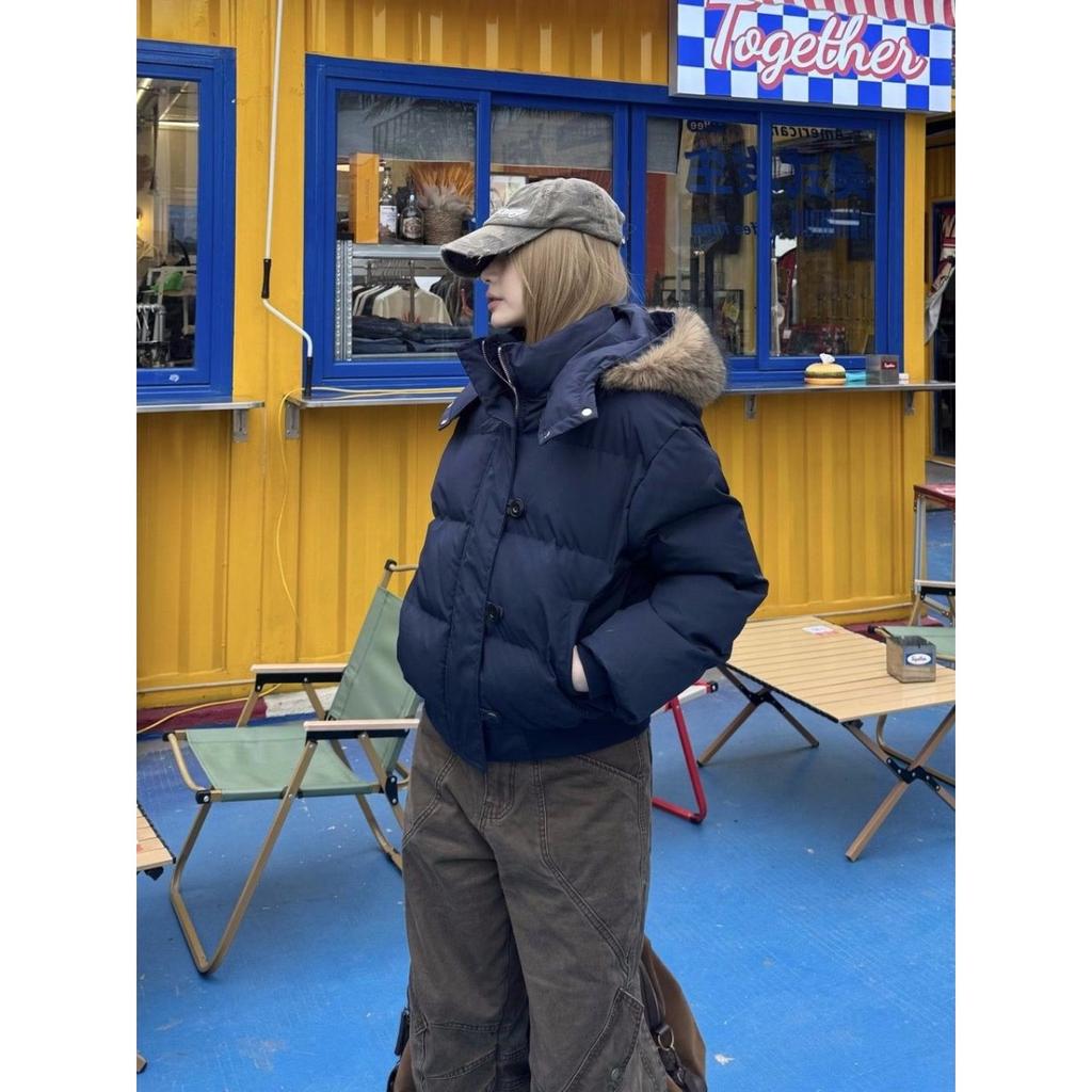 VAYLA Amerikanischer Retro Pelzkragen Warmer Einfarbiger Damen Kapuzen Baumwollmantel Ins Winter Locker Lässig Slim Baumwollmantel Jacken