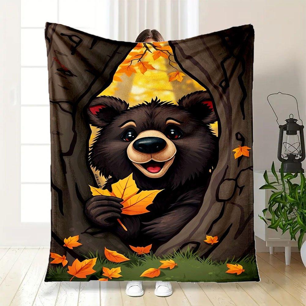 Autumn Bear Wall Art PrintBlanket Flannel Throw Blanket for Sofa, Bed, Travel, Camping, Office