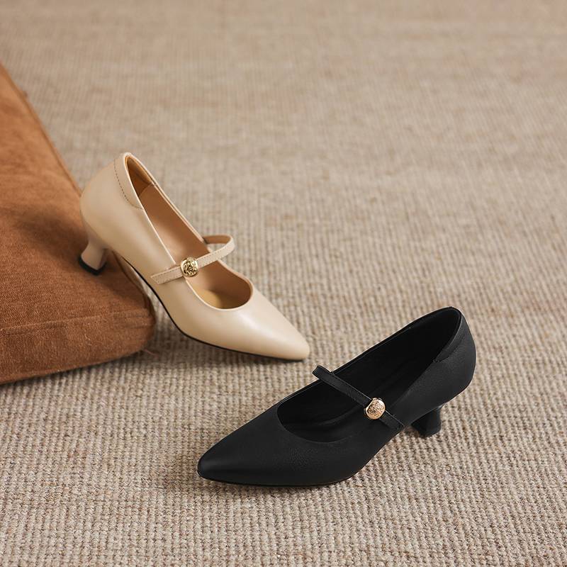 Krazing Pot Genuine Leather Round Toe Thin Heels Summer Shoes Solid Big Size 42 Shallow Decoration buckle Women Shallow Pumps