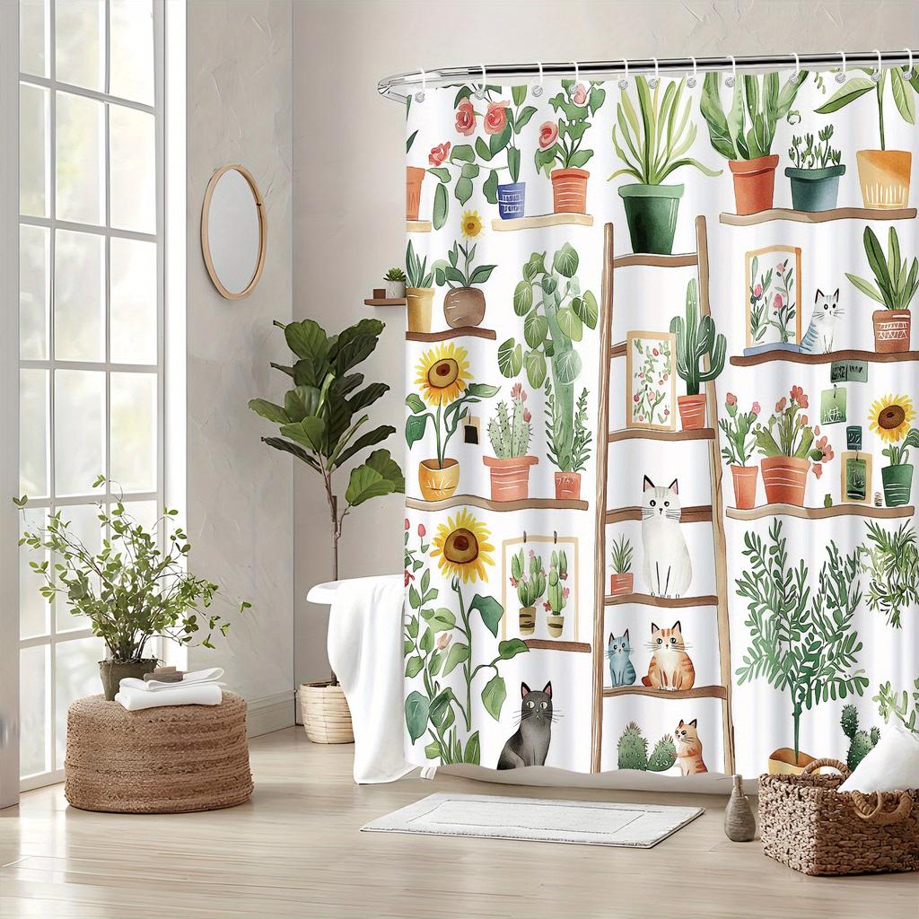 Shelf Potted Cat Shower Curtain, Green Plants & Flower Stands, Pastoral Design, Polyester, 12 Hooks