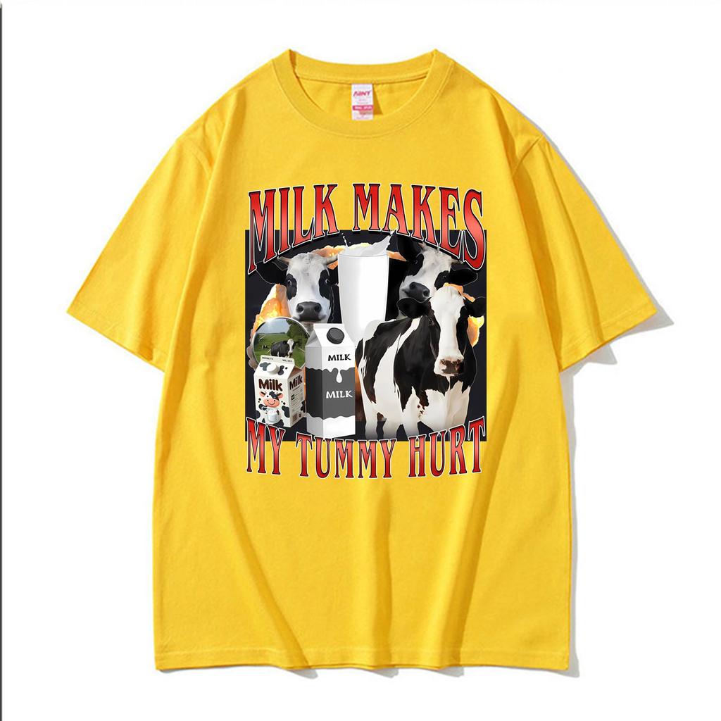 Milk Makes My Tummy Hurt Funny Cow Graphic T Shirts Unisexs Women Clothing Fashion Retro Tshirts Casual Summer T Shirt Streetwear