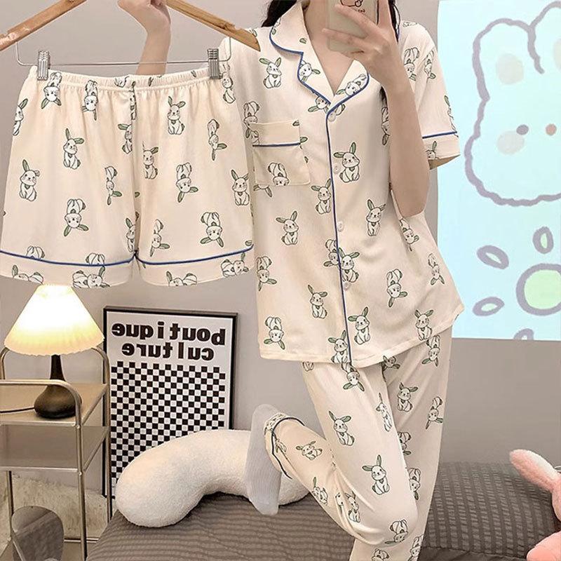 Soft Waxy Rabbit Pajamas Women's Japanese Milk Gentle and Cute Cartoon Girly Casual Short-sleeved Loungewear Three-piece Set