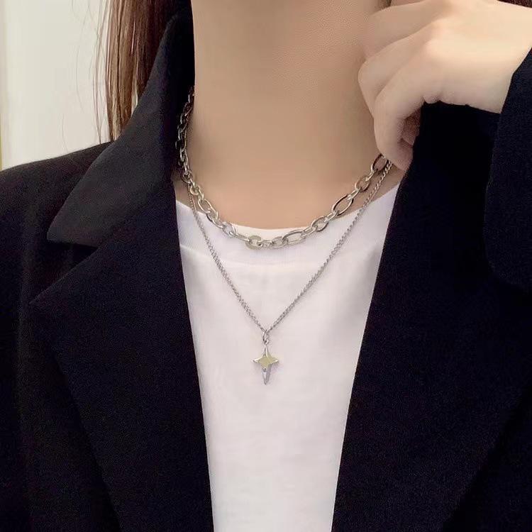 Four-Pointed Star Layered Necklace & T-Shirt Hoodie Chain - Minimalist, Personalized Cool Accessories for Women