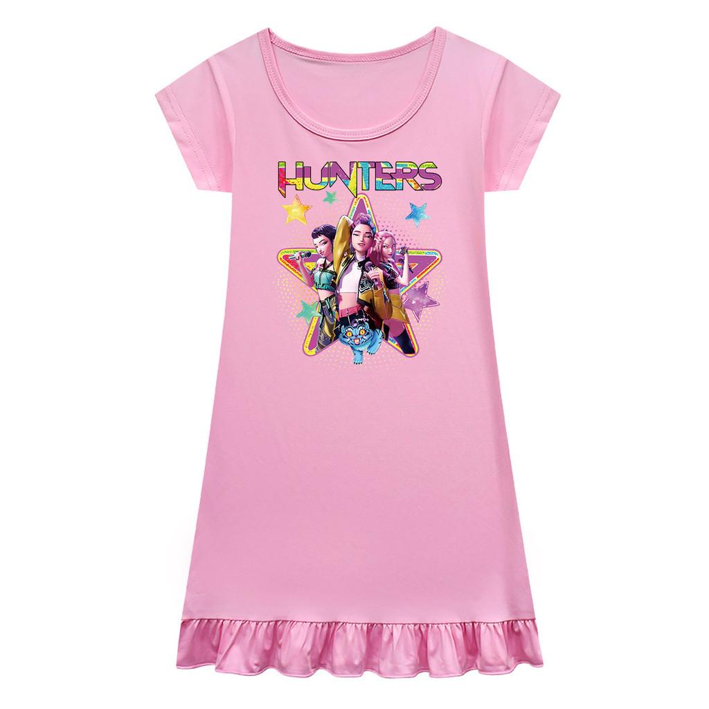 Kids Girls Anime Cartoon K-POP Rumi Print Pleat Short Sleeve Casual Round Neck Dress