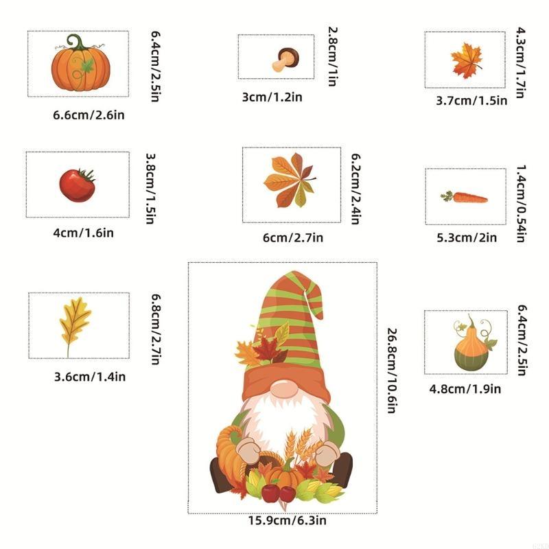 62KD 6 Sheets Autumn Thanksgiving Gnomes Window Clings Decal Fall Pumpkin Maple Leaf Electrostatic Stickers Wall Decor