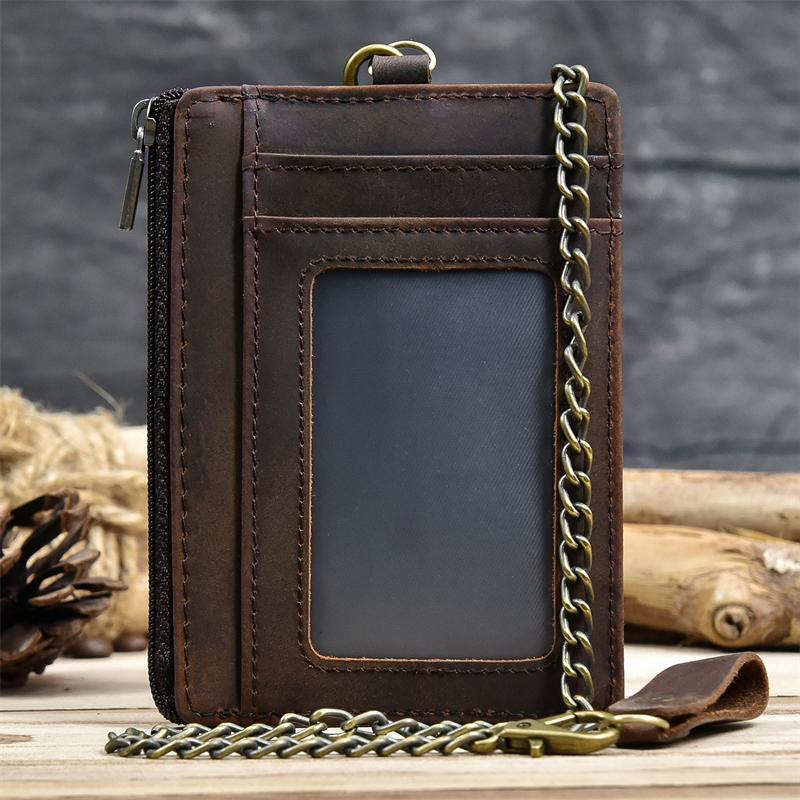 Genuine Leather Card Purse Men Women ID Credit Zipper Mini Coin Purse Wallet With iron Key Chains Men's Small Wallet For Tickets
