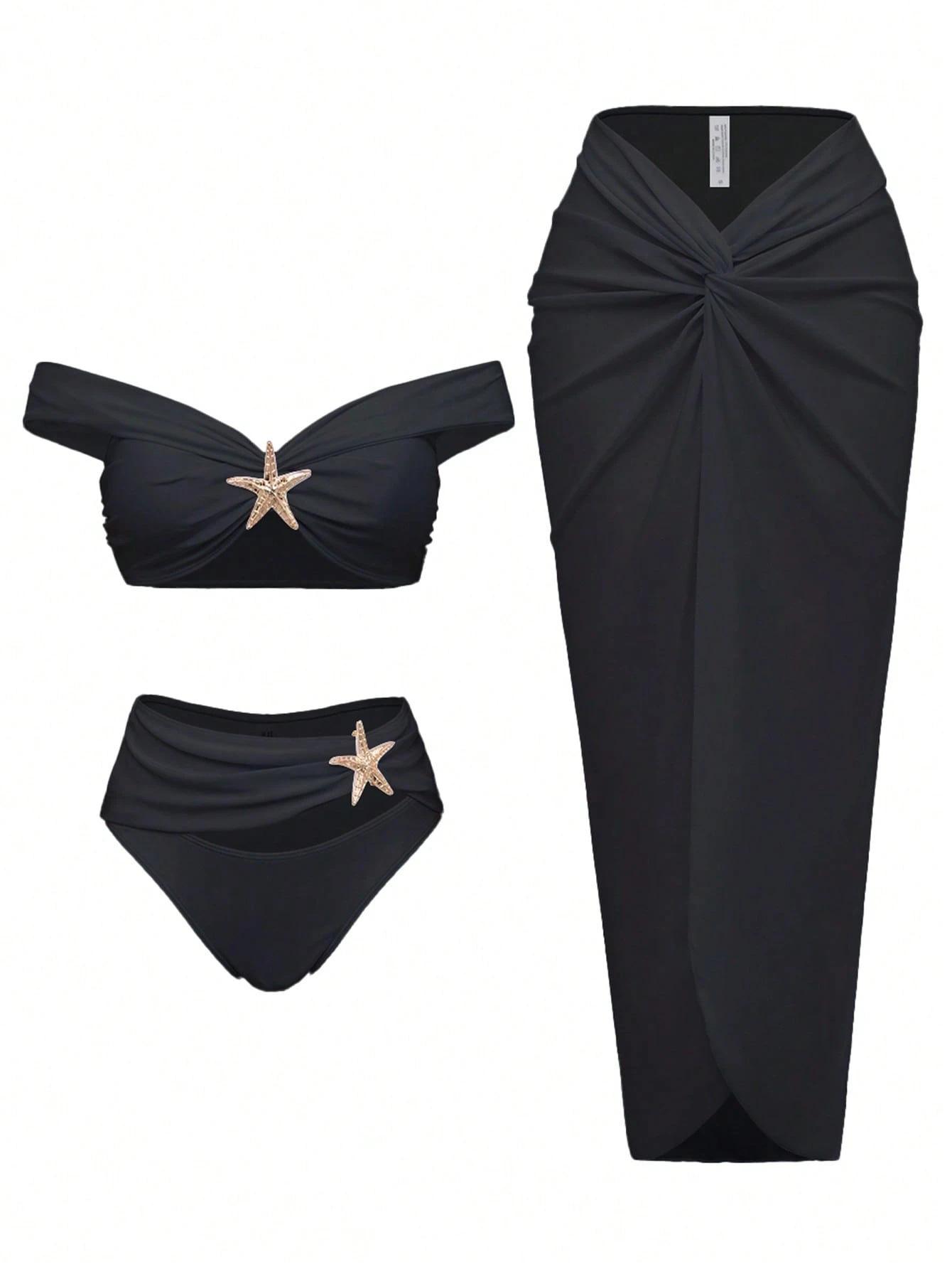 New European And American Starfish Split Swimsuit Long Skirt Three-Piece Bikini Women S European And American Huludao Split Swimsuit S чёрный
