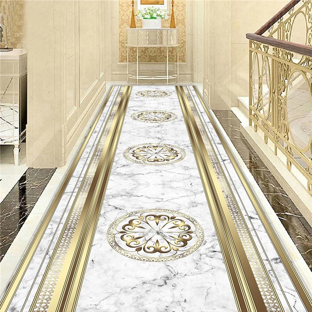 Golden Luxury Long Corridor Carpet Nordic Style Villa Hallway Carpet Non-slip Washable Lobby Aisle Rug Customizable Runner Mat