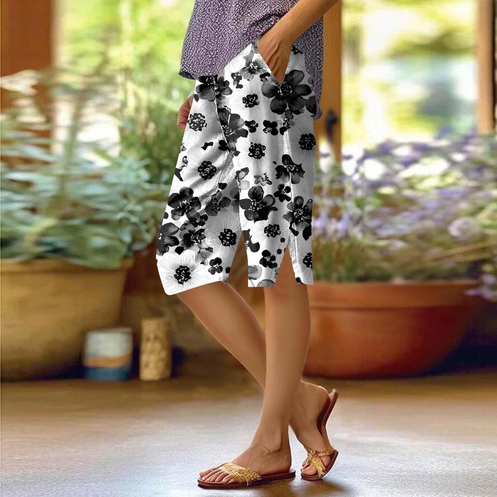 Dámské potištěné kalhoty Módní kapsa Elastický pas Ležérní šortky