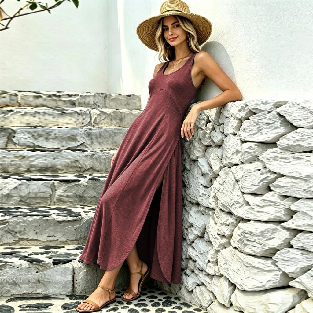 Women's Casual Long Flowing U-Neck Sleeveless Dress for Everyday Wear