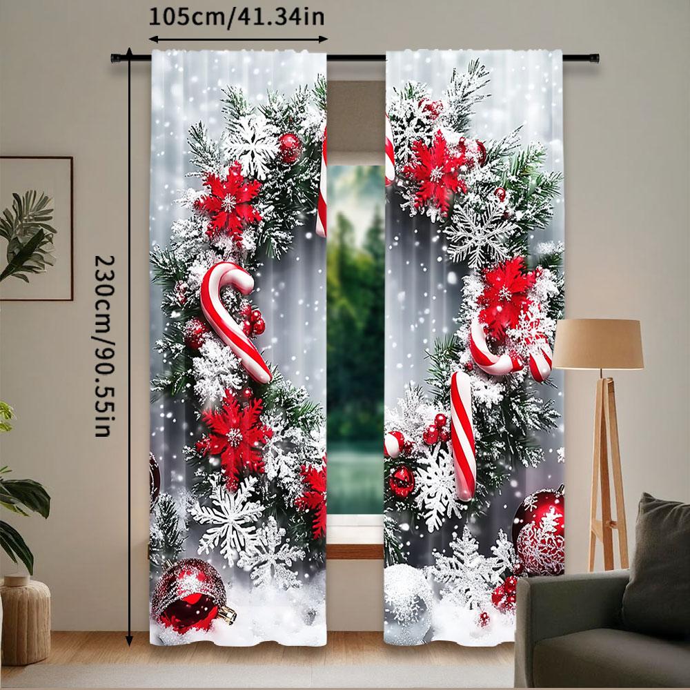 2Pcs Christmas Holiday Theme Curtain Decoration For Christmas New Year Snowy Candy Cane Design Aesthetic Window Drapes A