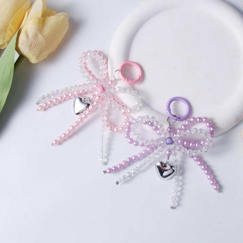 1PC Handmade Pearl Crystal Double Bow Shaped Pendant Keyring Ornament Delicate Beaded Keychain DIY Decoration For Bags Phones