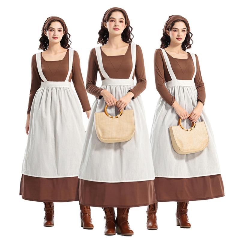 Halloween Maid Costume Set Includes French Maid Apron Maid Dress and Headscarf Set for Women, Kitchen Cooking Apron