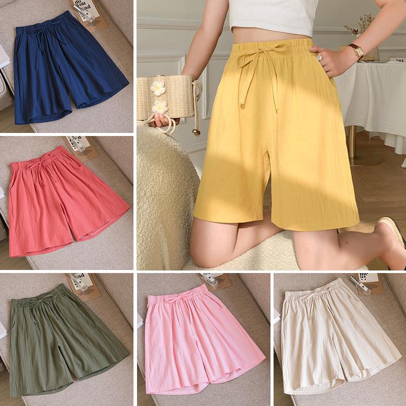 Frauen Sommer Elastische Taille Breite Bein Hosen Kordelzug Shorts Strand Shorts Lose Beiläufige Einfarbig
