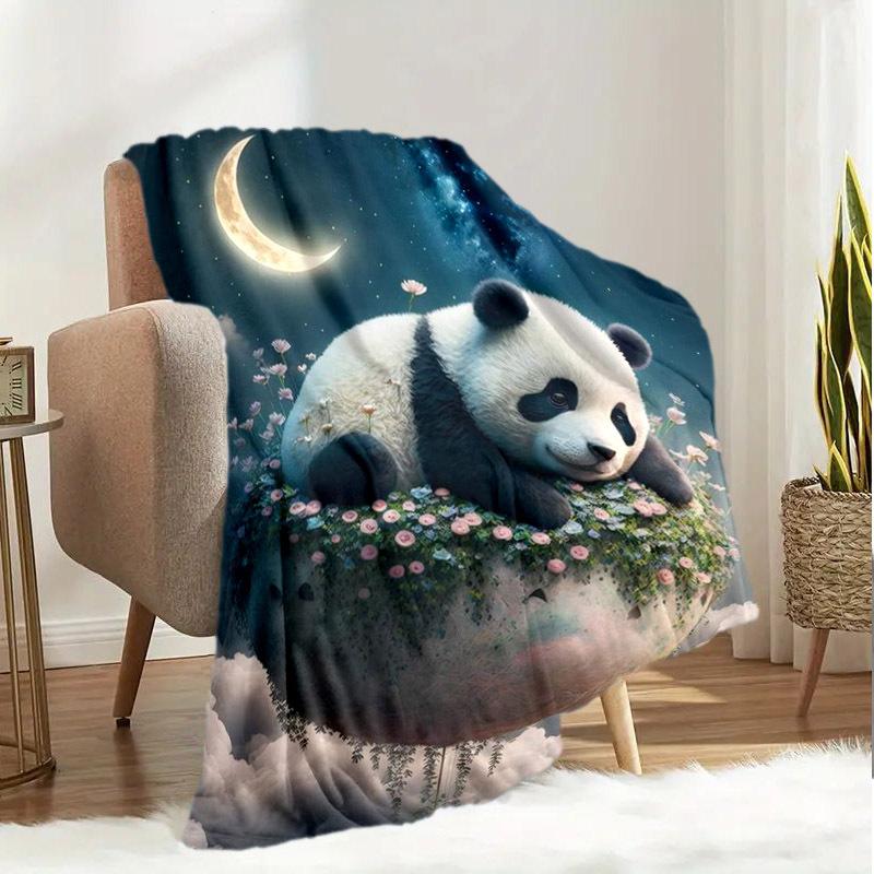 Contemporary Knitted Polyester Flannel Panda Blanket - Digital Print All-Season Bedding, Tear Resistant, Hand Wash - Versatile