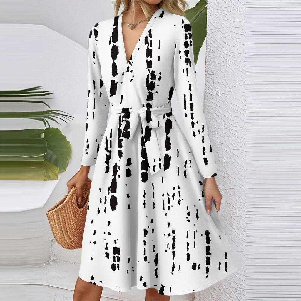 Women's Fashion Casual V-Neck Long Sleeve Waist Floral Print Midi Dress