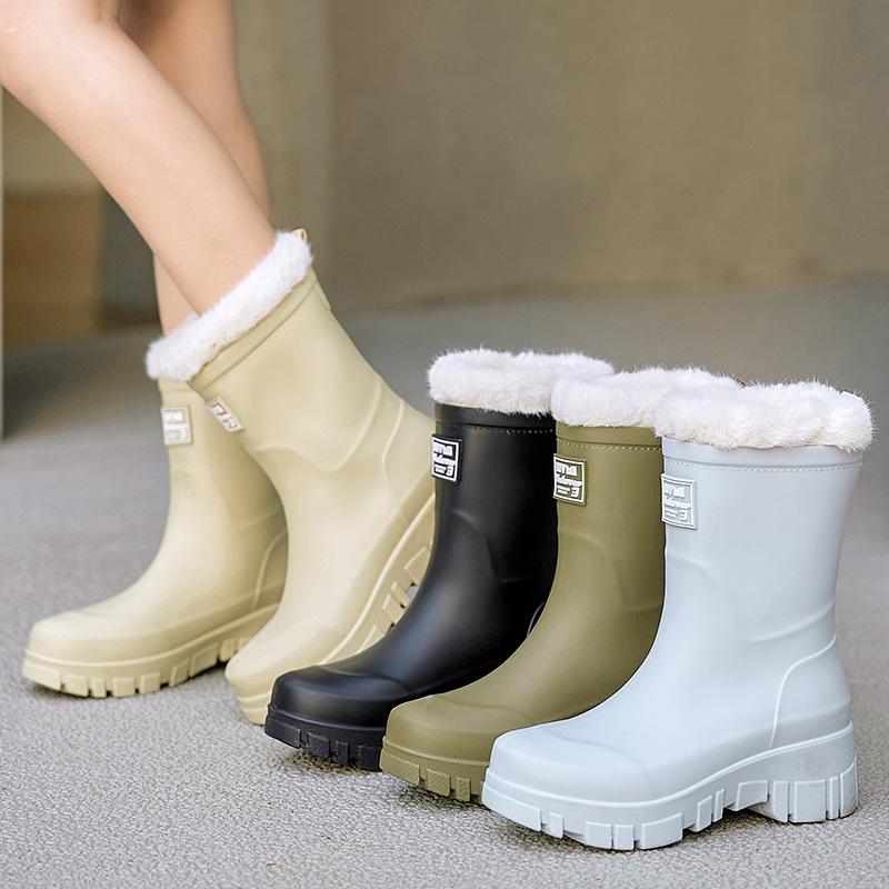 Waterproof shoes rain shoes women's medium tube non-slip wear-resistant rain boots rubber shoes fixed velvet thick-soled high tube snow water boots