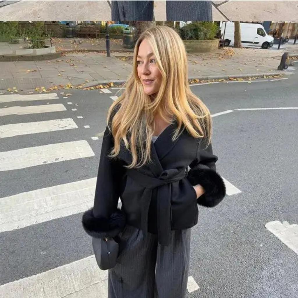 VAYLA Chic Lapel Plush Coat With Belt Women Vintage Solid Faux Fur Sleeve Tweed Open Coats Female Autumn Casual Street Outwear