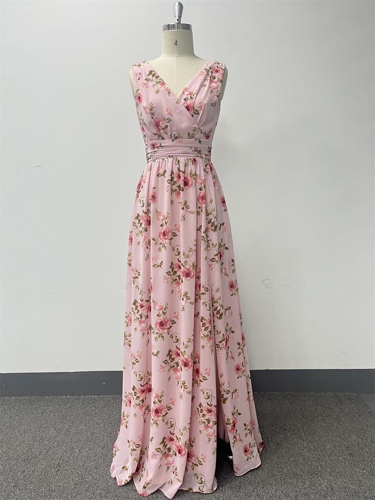 European & American Women’s Chiffon A-Line Evening Dress with Double V-Neck, Sleeveless Design, Slit, and Elastic Waist.