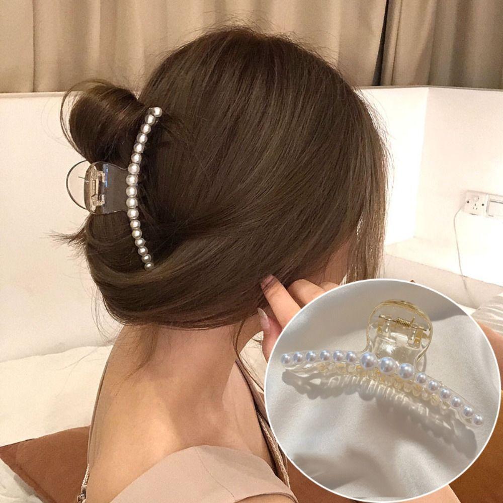 Big Size Pearl Hair Claw Pearl Decor Shark Clip Elegant Hair Claw Clip  Daily Styling