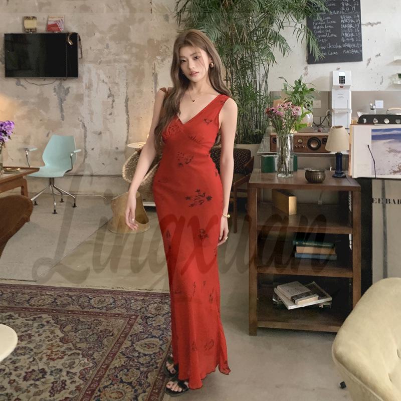 2026 Spring/Summer Rose Red V-neck Spaghetti Strap Bodycon Mermaid Dress for Women S красный