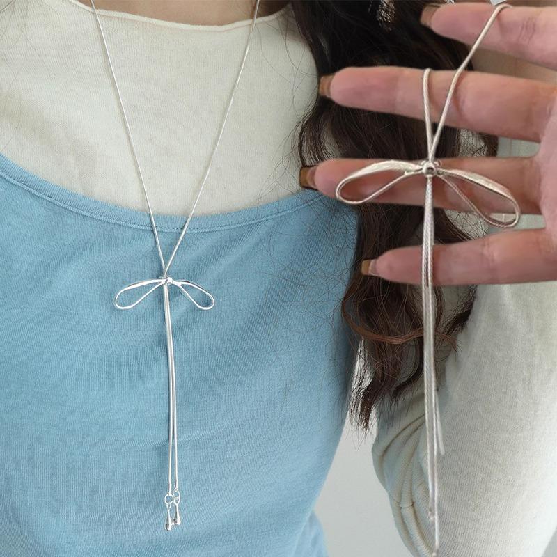 2026 Korean Bowknot Drawstring Necklace for Women Girls Fashion Metal Sliver Long Adjustable Necklace Jewelry Accessories Gift