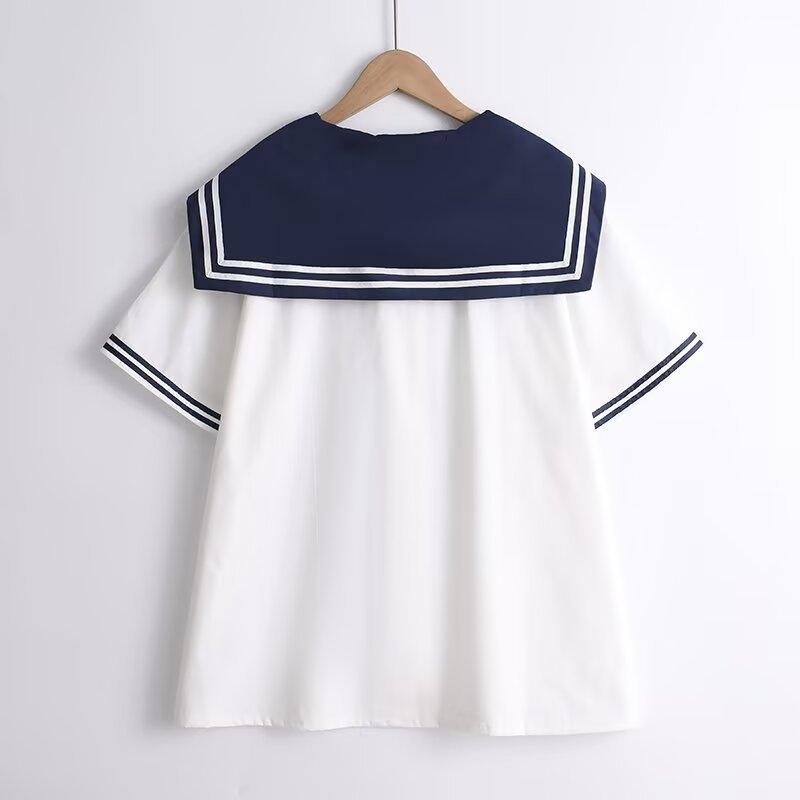 Blusas de Algodón de Alta Calidad para Mujer Verano Kawaii Camisas Harajuku Cuello Marinero Blusa Azul Marino Manga Corta Rayada JK Universitaria Chic Top