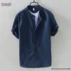 Men's Japanese Linen Stand Collar Short Sleeve Retro T-Shirt - Breathable White Cotton Pullover