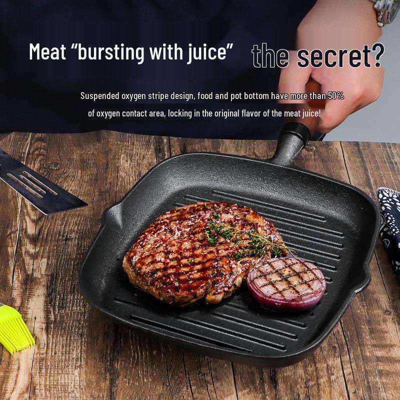 Thick Wooden Handle Cast Iron Non-Stick Striped Frying Pan for Steak & Crepes