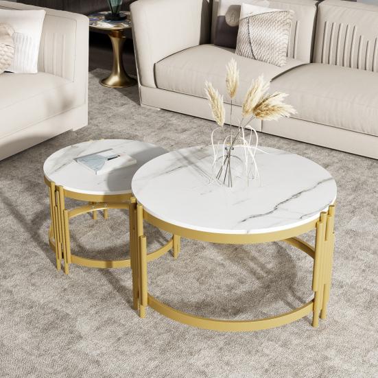 Sofa Side Table Modular Coffee Set, Marble Look, Golden Metal Frame, Round Tea Tables in Two Sizes, Nesting Table, Set of 2