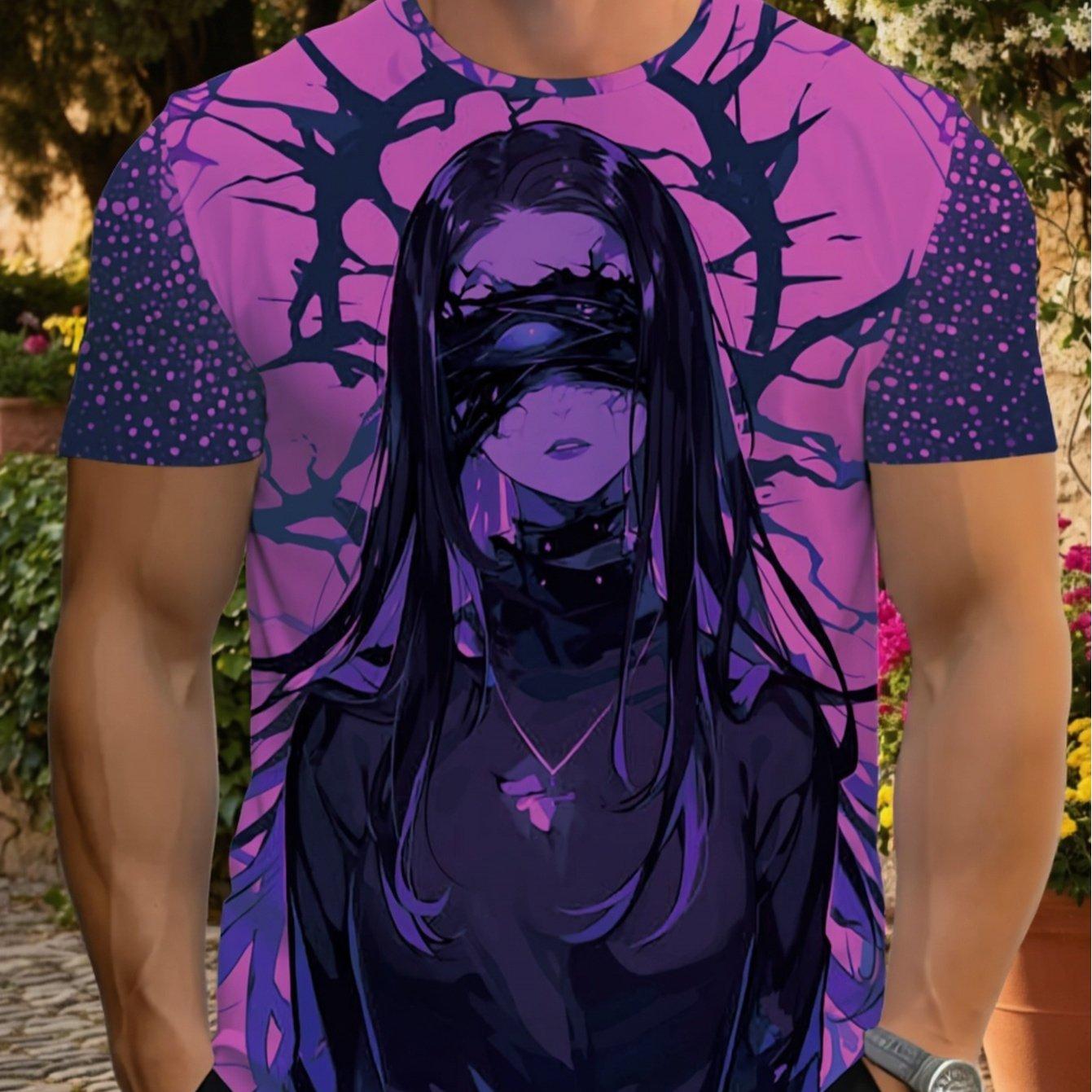 Men s T-shirt with an anime girl print, in purple and black. Lightweight and casual, perfect for summer wear. S африканских фиолетовый