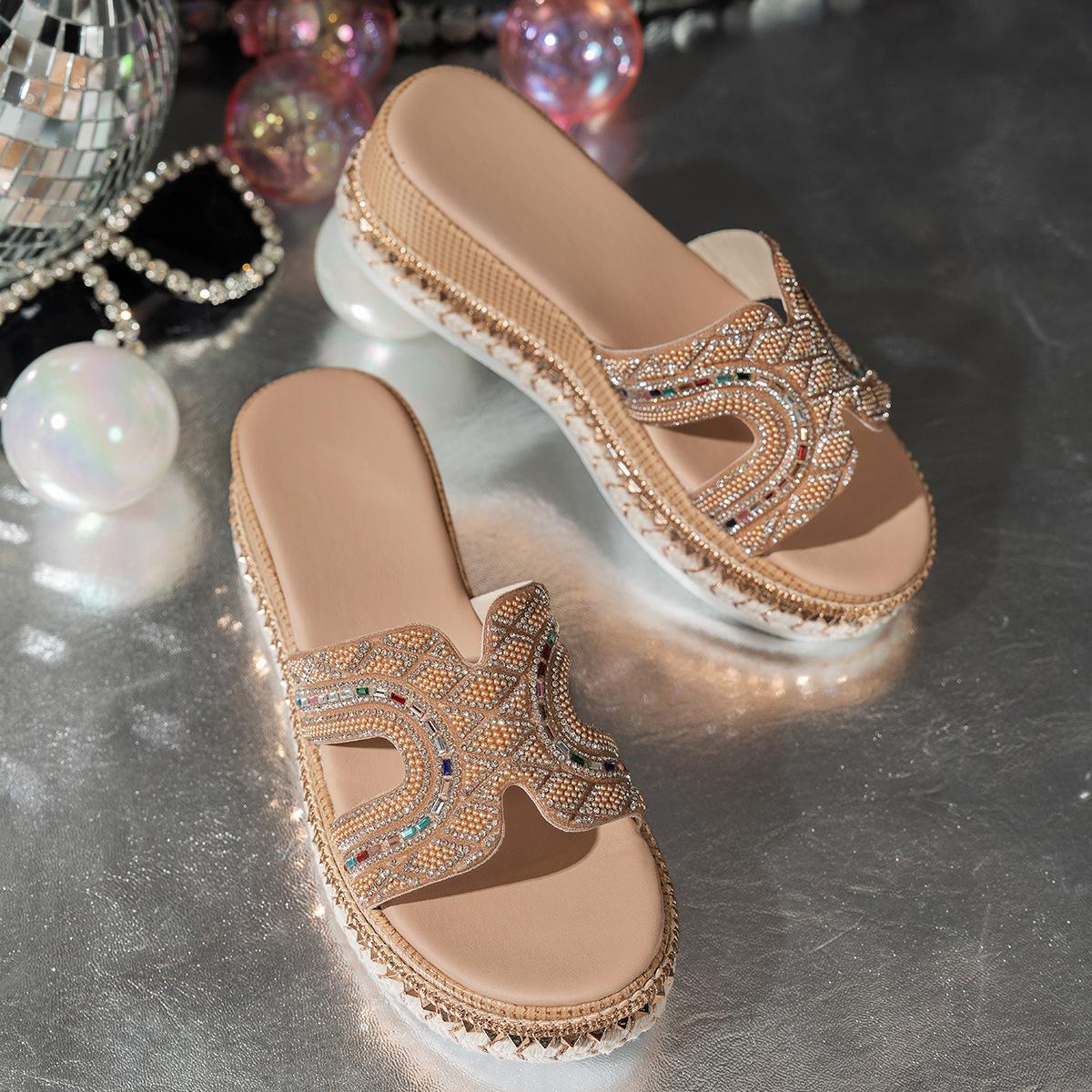 

European and American foreign trade Slippers colored beads thick bottom outer wear slippers retro ethnic style slippers large size 42 абрикосовый