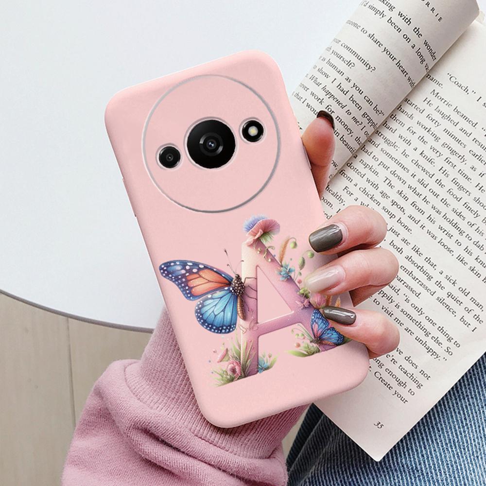 Handyhülle für Xiaomi Redmi A3 4G A3x Rosa Buchstabe Blume Schmetterling Stoßfest Weiches Silikon Cover Kameraschutz TPU Fundas