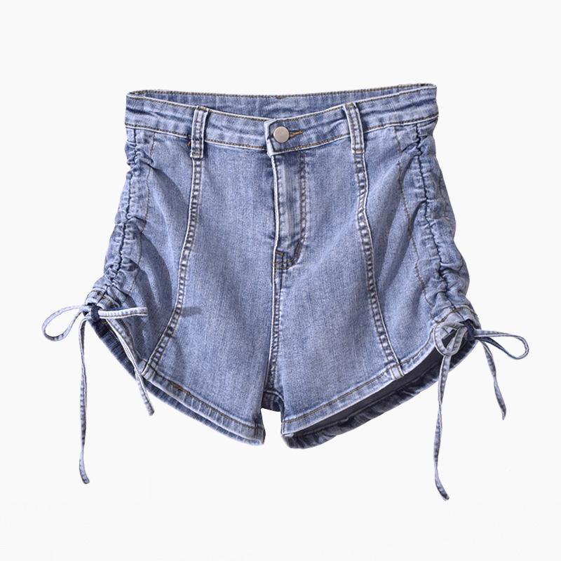 Youthful Skinny Fashionable and Versatile Summer High Waist Elastic Wide Leg Slim Thin Pants Design Sense Side Folds Drawstring Denim Shorts Female