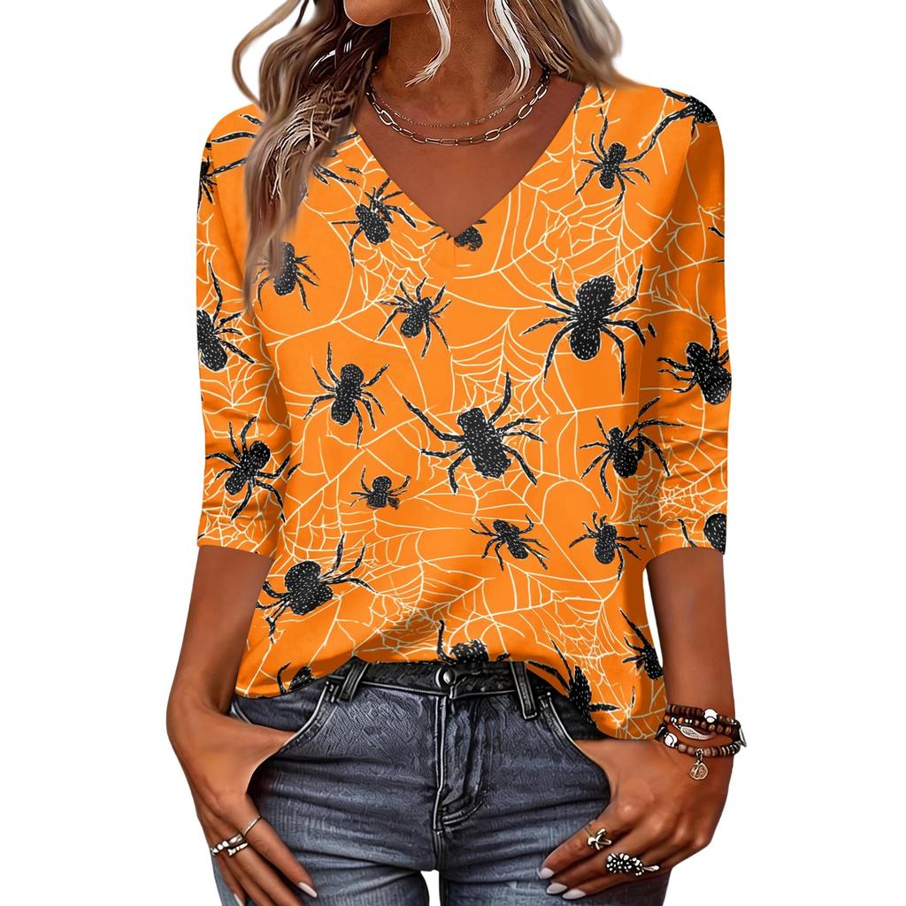 Women's Halloween Tops V-Neck Three-Quarter Sleeve Blouse Casual Tunic Shirt with Fun Pumpkin Print for