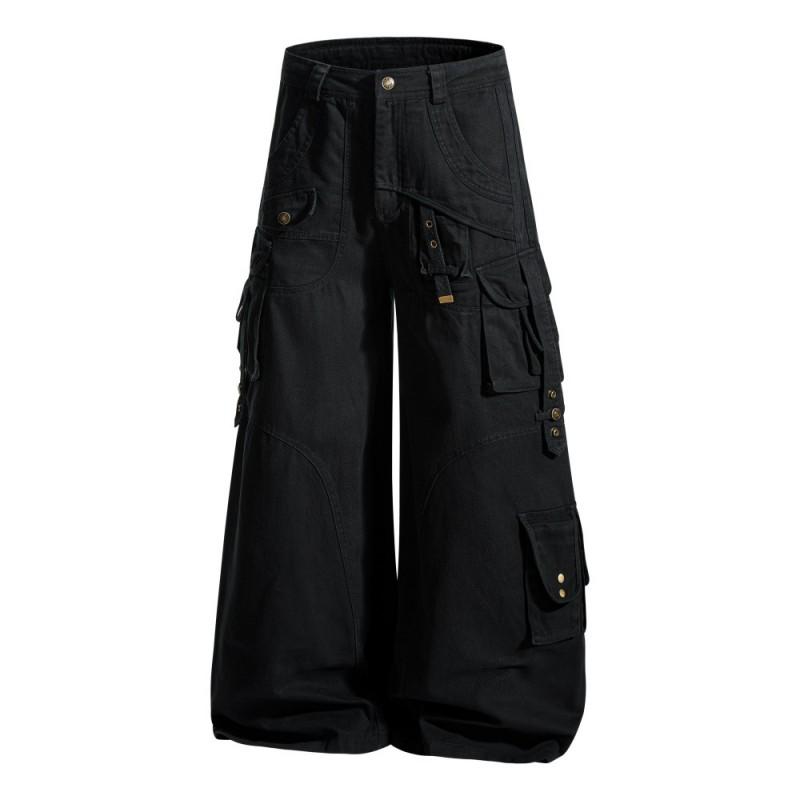Mens Vibe High Street Cargo Pants Solid Color Loose Wide Leg Work Trousers With Multiple Pockets