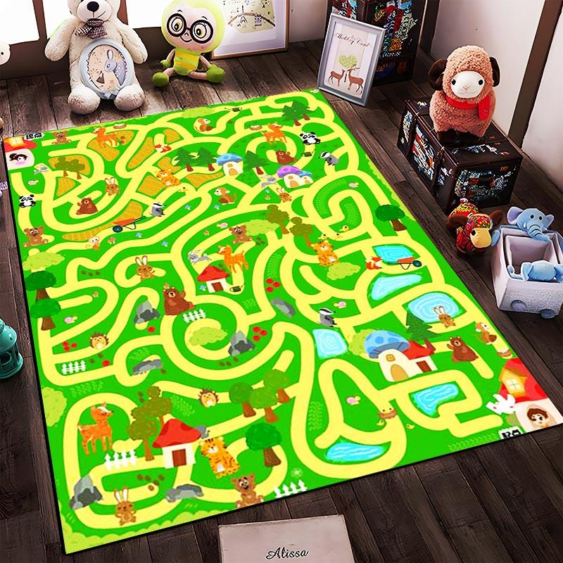 Kinderteppich mit buntem Tier-Labyrinth-Design, Lern-Spielmatte geeignet zur Verwendung als Antirutsch für Wohnzimmer, Schlafzimmer, Sofas