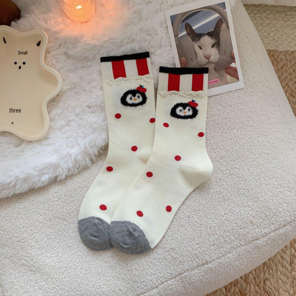 Trendy Cute Penguin Cotton Mid-Calf Women's Socks - Original Boneless Design for Autumn and Winter
