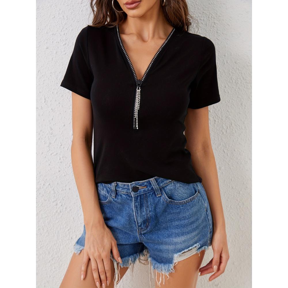 

Женская ребристая футболка с V-образным вырезом, бриллиантами, застежкой-молнией, однотонная, с коротким рукавом, облегающая футболка XXL чёрный