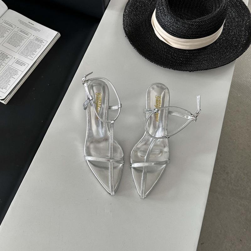 2025 Spring and Autumn New Korean Version of High-end Pointed Head Thin Heel Simple Sandals Women's Cross Thin Strap Open Toe Word
