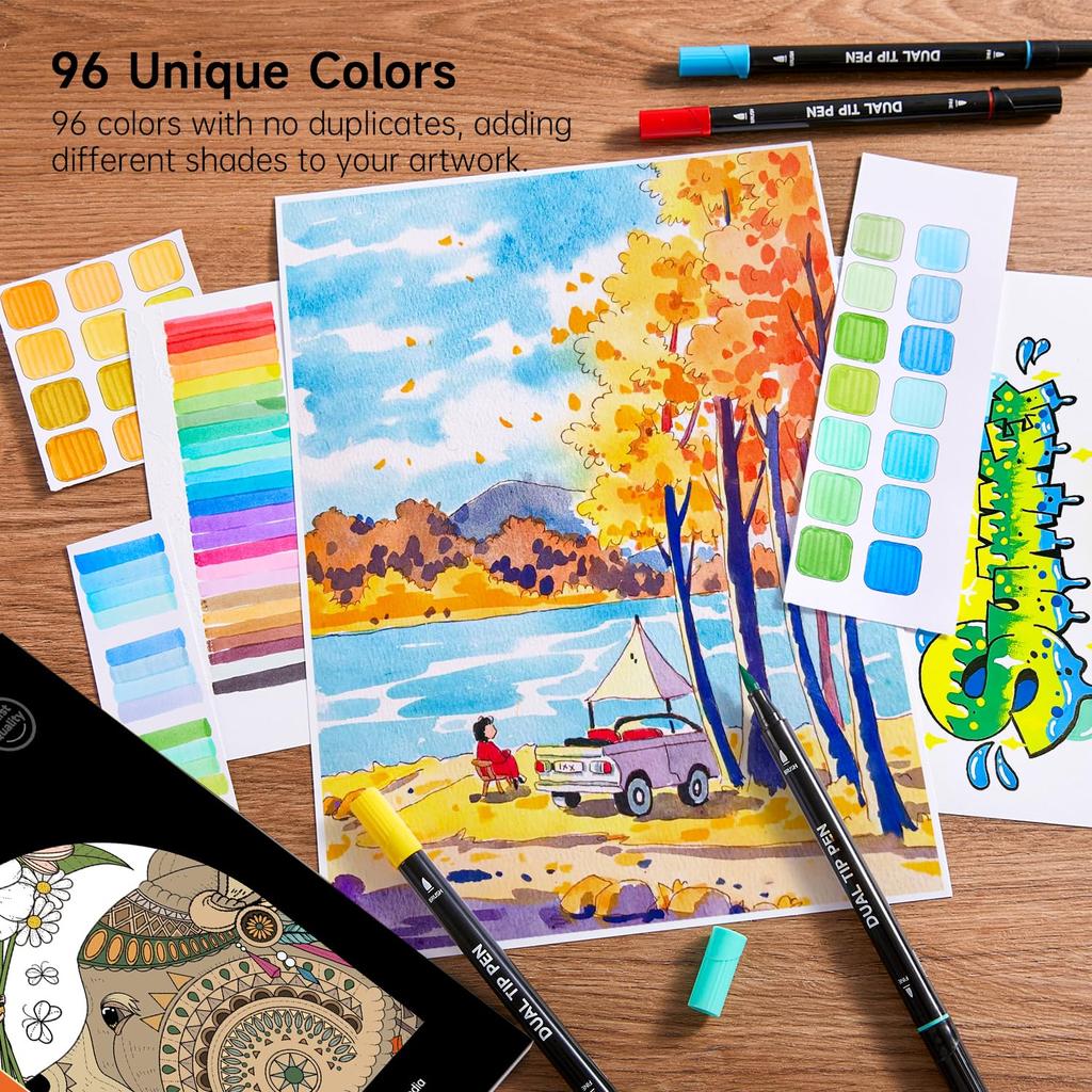 Shuttle Art Brush Pen Watercolor Brush Set with 1 Coloring Twin Markers for Art Comes with a (96 Colors) Book. Water-resistant, Quick-drying,