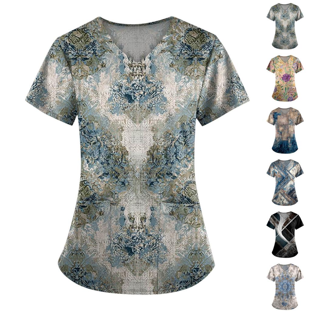 Pracovní uniforma s potiskem nadměrných velikostí pro ženy Potisk s výstřihem do V Krátký rukáv Zábavná trička Pracovní oblečení Tričko s kapsami