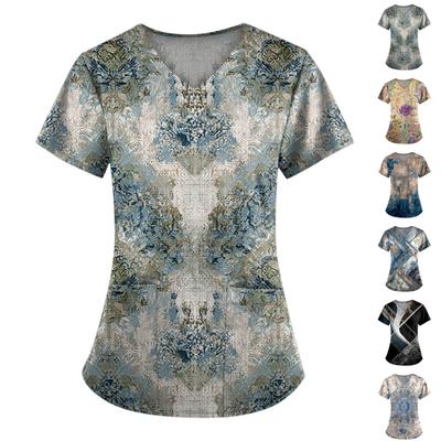 Plus Size Printed Scrub Working Uniform Tops For Women's V-Neck Print Short Sleeve Fun T-Shirts Workwear Tee With Pockets