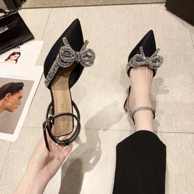 New Fashion Rhinestone Fine Heel Sandals Women Cute Pointed Crystal Fairy Wind Bow Tie Diamond High Heels Baotou Sandals 2024