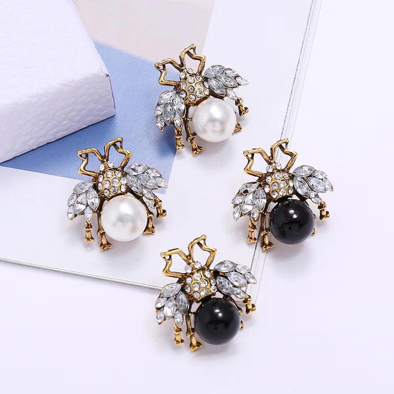 Vintage Spider and Bee Pearl Rhinestone Stud Earrings