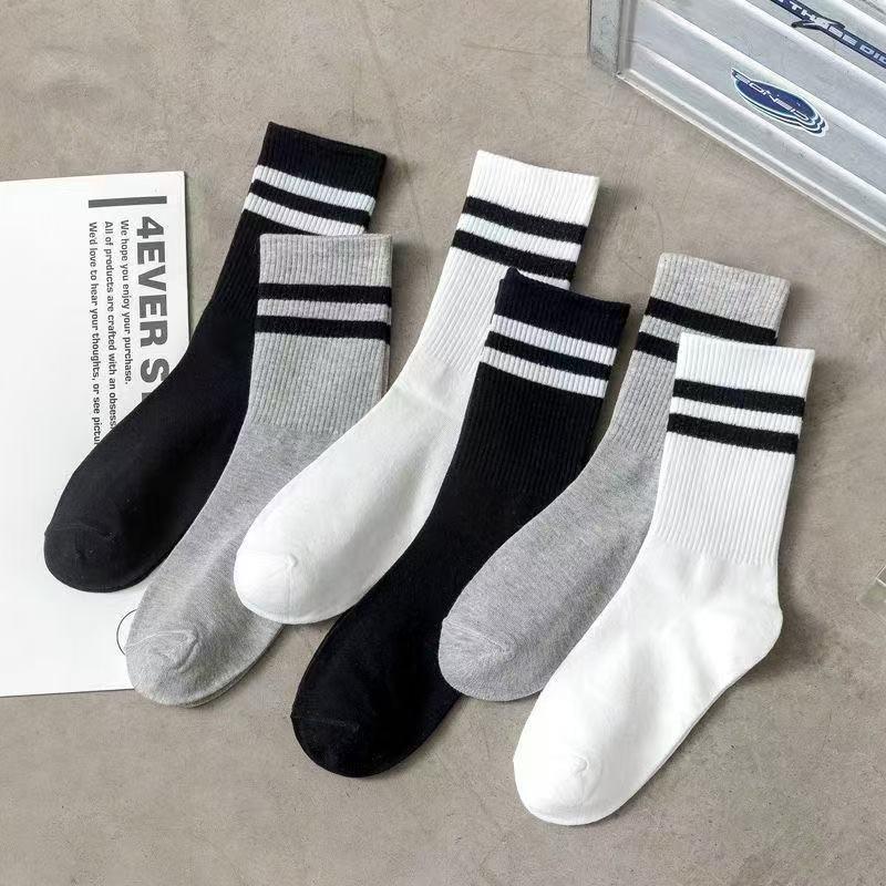Women's Shark Pattern Mid-Calf Sports Socks with Double Stripes - Black, White, Gray