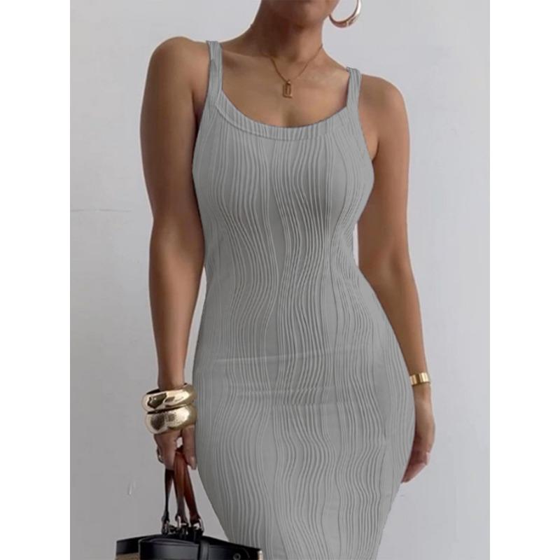 VEZFAA Women's Fashion Summer Spring Solid Color Print Sleeveless Suspenders High Waist Casual Dresses