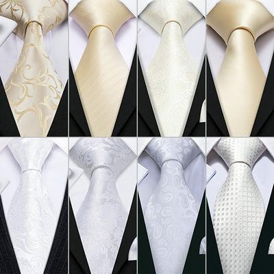 Barry.Wang White Beige Silk Tie Mens Fashion Jacquare Necktie Handkerchief Cufflinks Formal Wedding