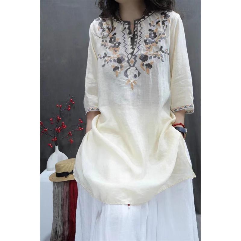 Summer Heavy Industry Women's Vintage Embroidered Medium-length Loose Cotton and Linen Stylish Casual Pullover Top